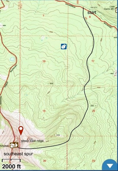 Approach on the map. The trail is hardly visible, so good navigation skills are required. Don't gain the ridge too soon, it's pretty rocky and steep to cross close to the mountain.