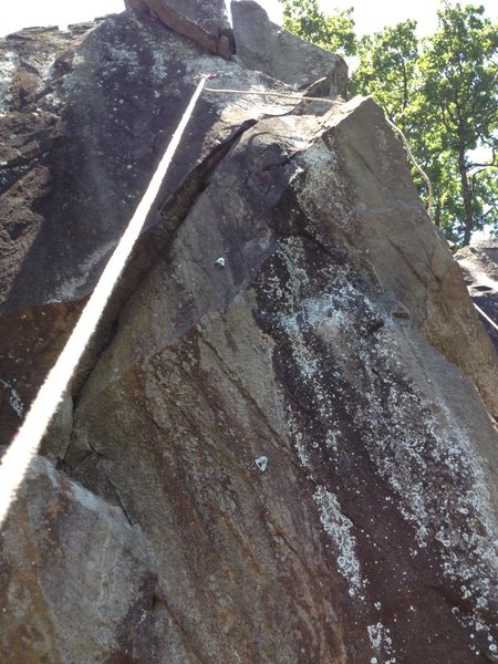 This pic shows the upper 5.12- crux. Two bolts long, you can tell by the rope hanging how steep it is. (35 degrees would be my guess).