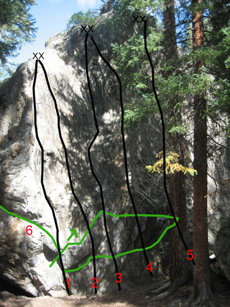 All routes:<br>
<br>
#2 & #4 are topropes. 2 is a 10a, 4 is a 11b (according to the Summit climbing guide).