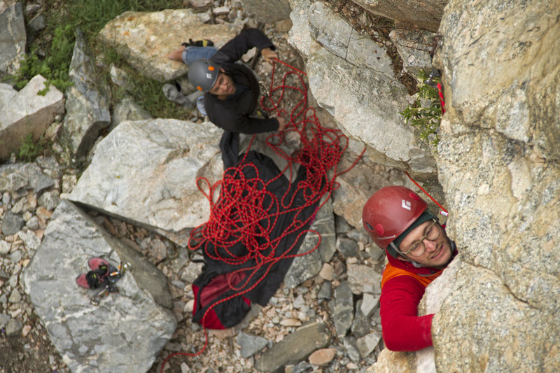 Thomas negotiating the crux on Eco Challenge (5.11a)