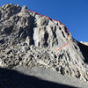 This shows the start of the North Buttress from below. The yellow dots mark the approximate location of the first, second, and third pitches.