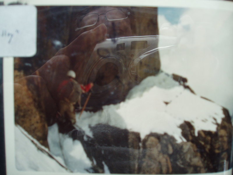 RoutePhoto#4A - Ed Nester in 1972 moving Right, off the ledge on the ridge. (just below "Routephoto#4)
