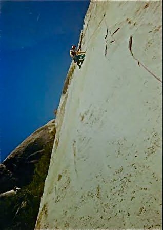 Mark Wagner leading the crux pitch #2 on Quiet Desperation, circa 1985.