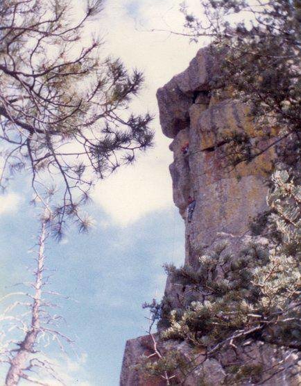 Climbing the East Face of Finger Rock. A first ascent in the early 80's. The route goes at  5.9  and in this photo I am belaying Rick to the next ledge. 
