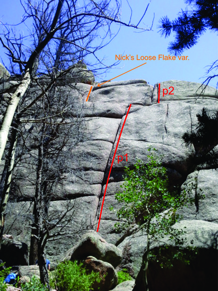 View from the trail: the lines are drawn next to (not on) the cracks that make up each pitch.
