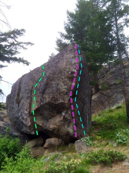 green: unnamed V6<br>
pink: "mirror arete" V7<br>
blue: "reflection of perfection" V6