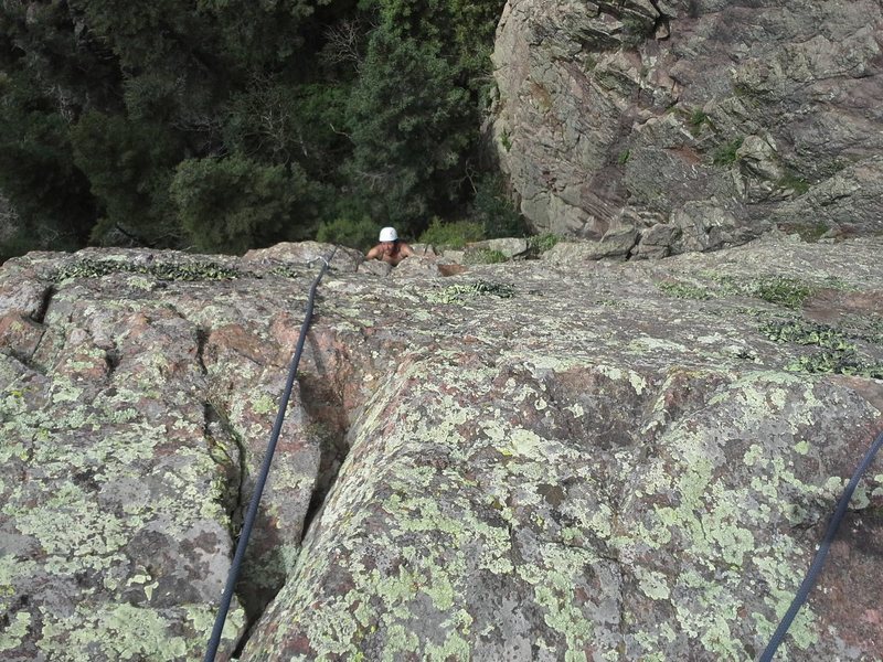 Carlos coming up on the second pitch. Excellent face climbing.