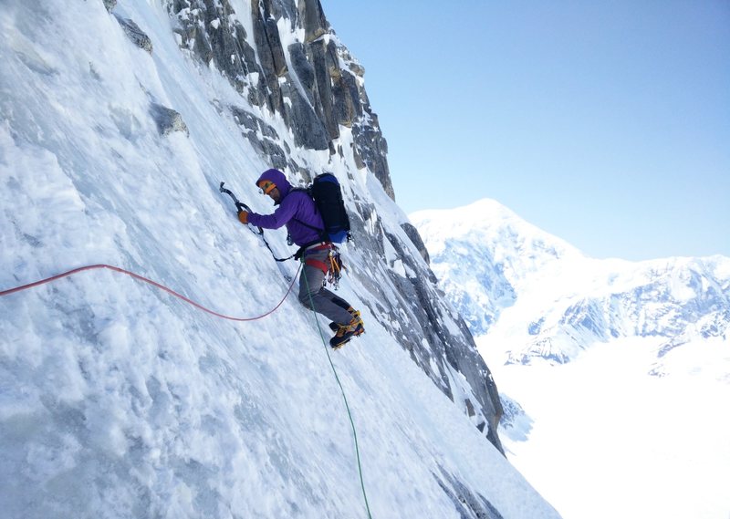 J.D. Merritt traverses on some terrain between the gully and upper headwall of the French Route<br>
<br>
https://climbingandjunk.wordpress.com/2015/07/10/mt-hunter-french-route/