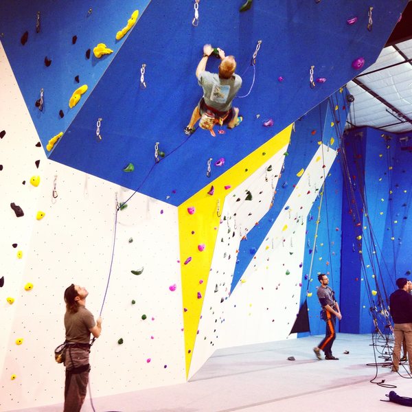 Lead climbing on the steep prow feature at Climb Up in Norman, OK