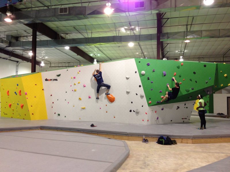 Massive freestanding boulder in the center of the gym at Climb Up in Norman, OK