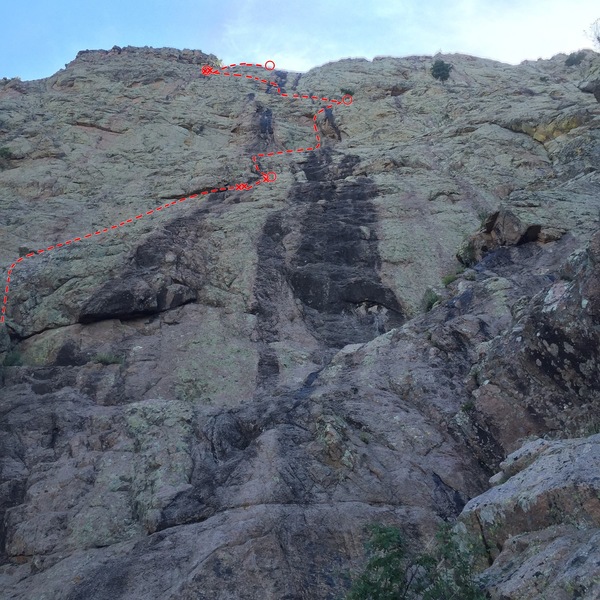 Looking up from the base. Start is just left of the photo below a obvious left facing corner.
