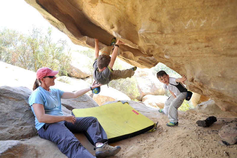 Wesley gives his older brother Bryson the critical foot beta on Meilee, at Lizard's Mouth.