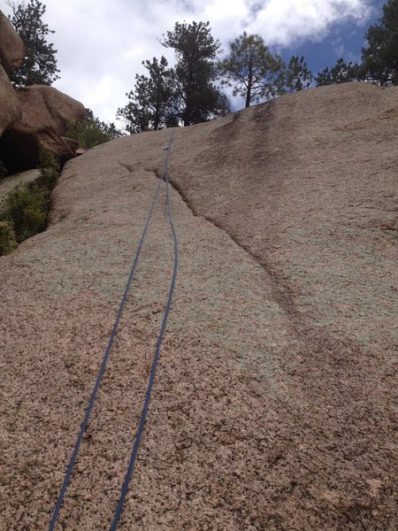 A close up of the climb with the bolt clipped.
