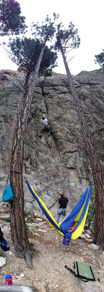 Nap time at the crag. Jaspur on rp. Jon on belay.