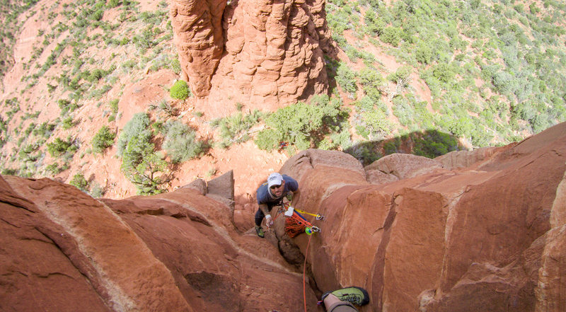 Looking down at the second pitch belay stance, pretty comfy.