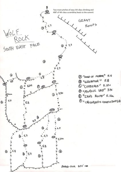 Wolf Rock SE Face Topo (included Morgal Vale). Drawing by Tyler Adams