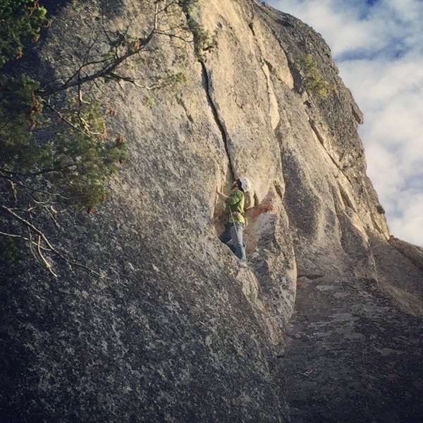 About to climb the beautiful flake after pulling the lower crux.