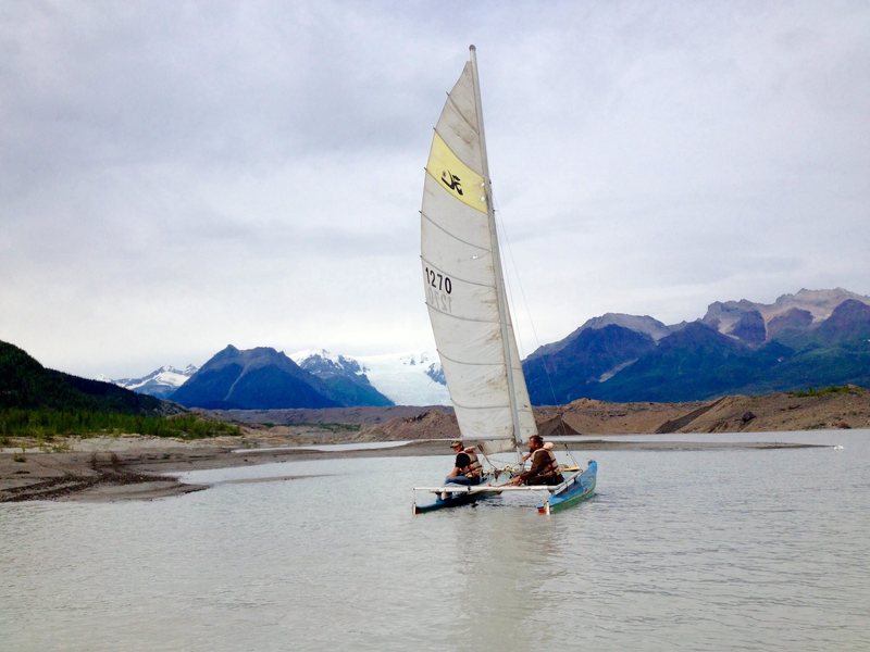 Bush pilots, Jason Lobo and Jay Claus sailing on the newly formed lake at the toe of the Kennicott Glacier.