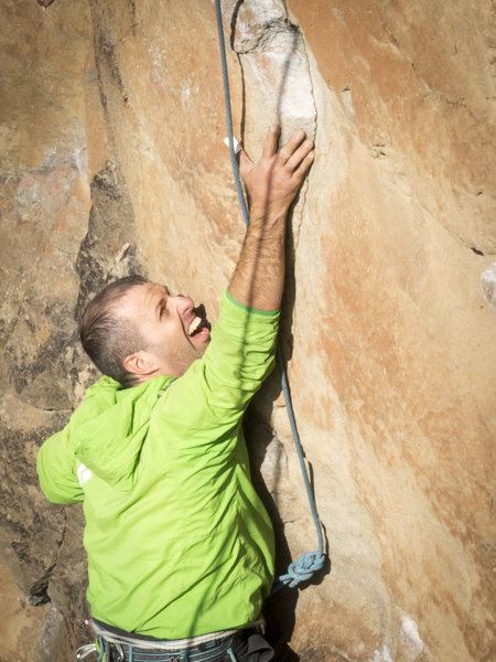 Working on the crux section of Fit To Be Tie Dyed with the required angst