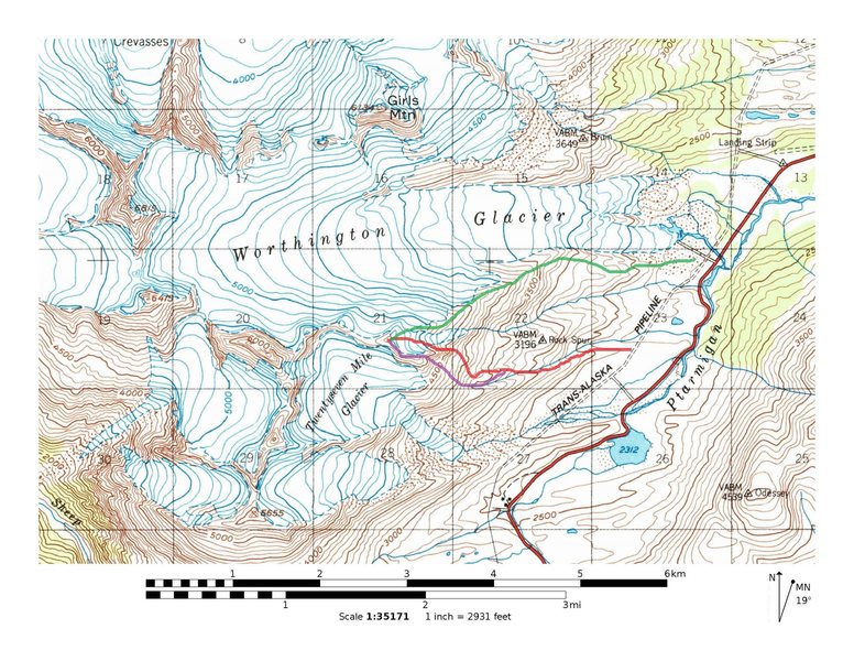 Green-Moraine Ridge (Trail 3/4 of the way up)<br>
Red- Catcher Mitt<br>
Cauliflower Couloir/Rich's Ditch-Purple