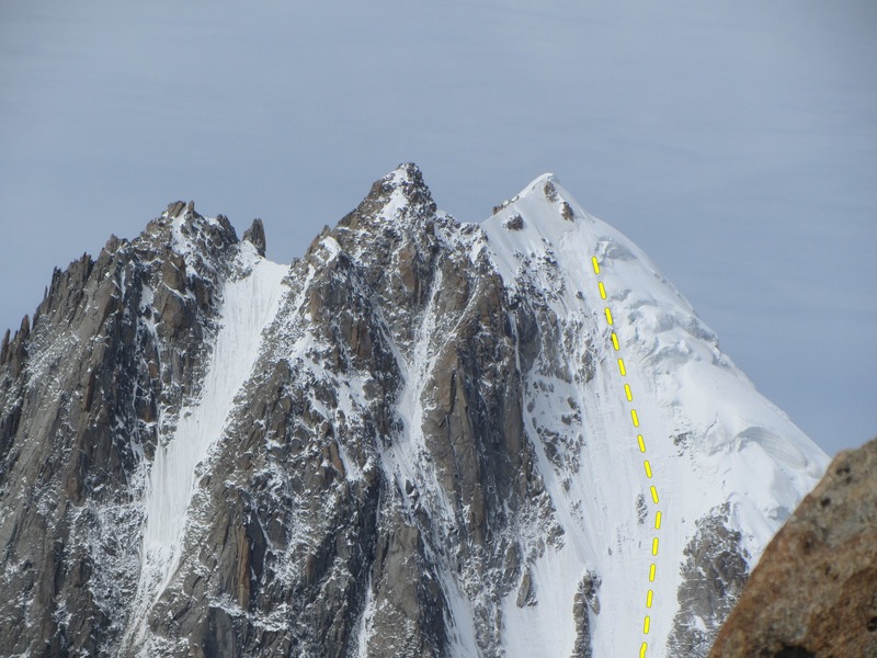 the upper Couturier Couloir leading to the snowy summit of Aiguille Verte