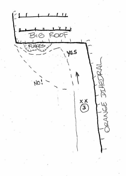 Detail for pitch 4. Stay right, up to the roof, get gear, then move left.