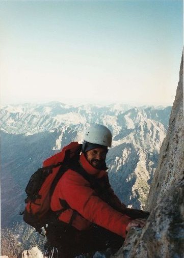I took this photo of Tom high up at around 13,000 feet on the Pownall-Gilkey Route 5.7 on the Grand Teton. Sept. 1997 Idaho is in the backround. 