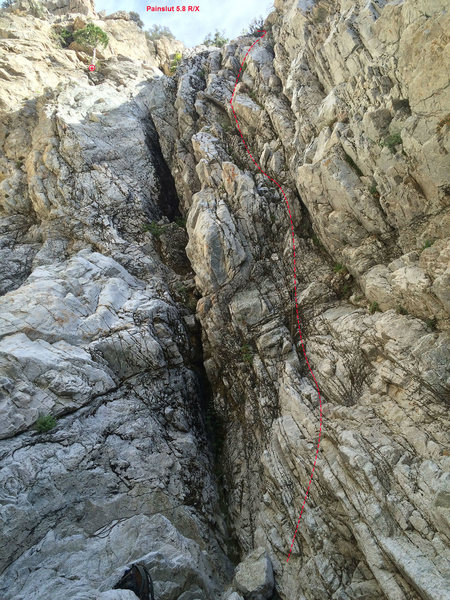 Follow the red line, breh. Second pitch follows 5.6-7 slabs up and out of sight.