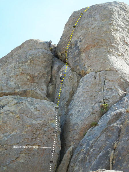 The route has a very obvious start from inside the chimney below the triangle bomb bay. Long, but with good rests just after the squeeze and then before the bulge.