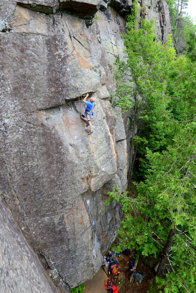 Contemplating the second crux on Crazy Horse, Deadwater.