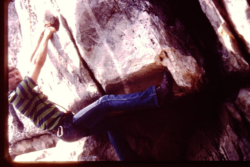 David Engel climbing Bull Run Overhang. circa 1979 Wearing RR's (Royal Robins rock climbing shoes).