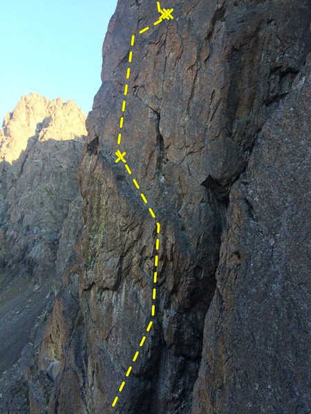 Upper pitch one of Timeless, showing both anchor/belay options (1 bolt + gear, or 2 bolt anchor).