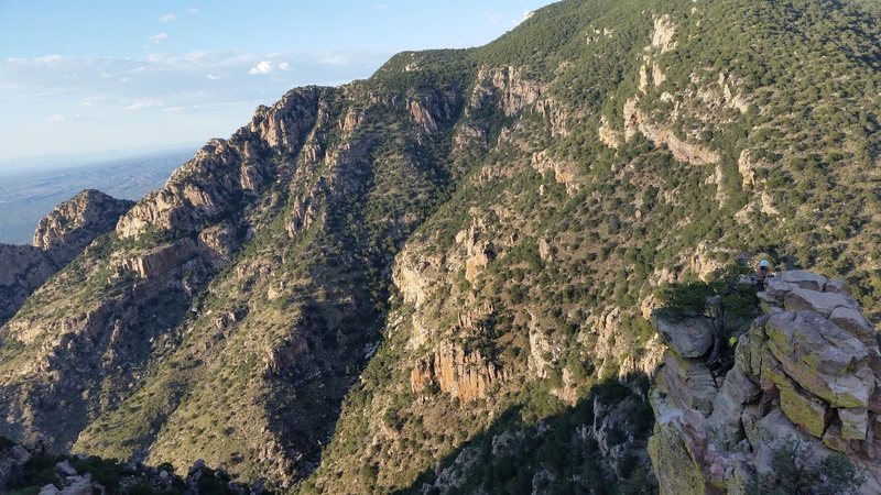 Looking at the first summit of Pull My Finger from the anchors of Standard Route.
