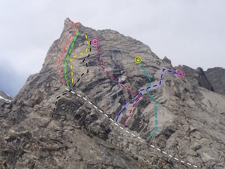 South Buttress, Mt. Moran: Left to right: Red = Direct South Buttress. Green= Prow.
<br>
Yellow= Central
<br>
Black= Wanderer
<br>
Burgundy=South Buttress Houdini. Dark Blue South Buttress Right. Light Blue= Whirl of Hate. White= 3rd class ledge approach.