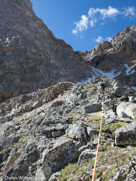 Moving up the ridge. We encountered short class 5 sections, but with good route finding you may be able to unrope to save time.