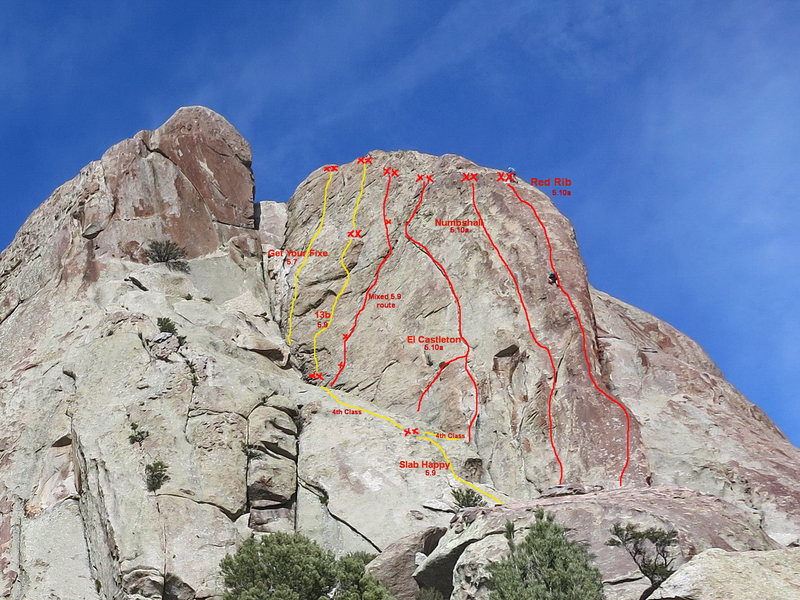 Beta photo for Red Rib Wall showing the location of 13b on the big wall to the left of El Castleton. Red Rib, Numbshull, and El Castleton shown for perspective.