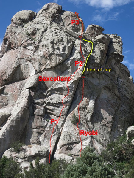 Ryobi - 1 pitch 5.7 face climb up to anchors and a stance under a deep overhanging dihedral. One rope to the ground or the pitch above the anchors is the excellent "Tears of Joy" 5.10 trad.