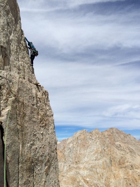 Amy Ness airing it out on P4 of Langley's North Arete V 5.10a