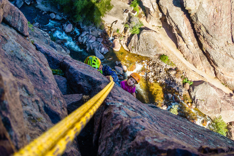 Clay took this photo of my kids (7 & 8) working the 2nd pitch of the Bastille Crack.