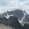 The general line of the Northeast Ridge on Gannett Peak.  The dotted lines show approach options.
