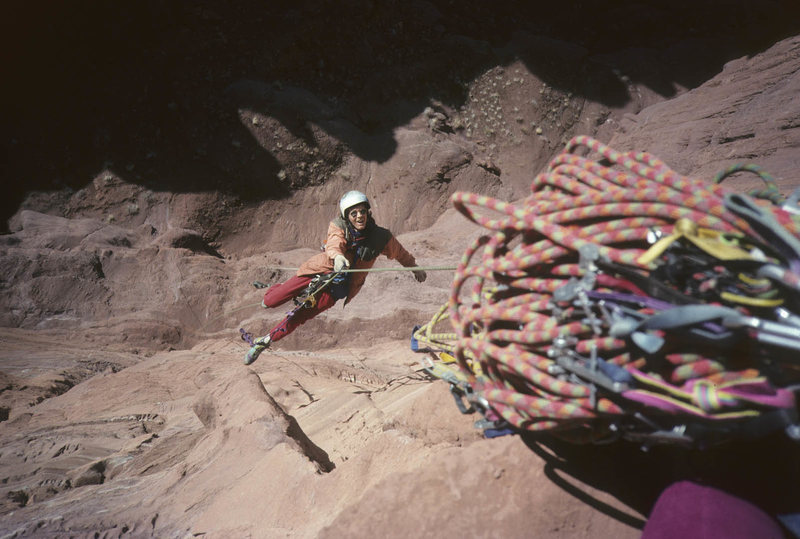 Steep! Bill Roberts, 1992, jumaring to pitch 4, Run Amok.