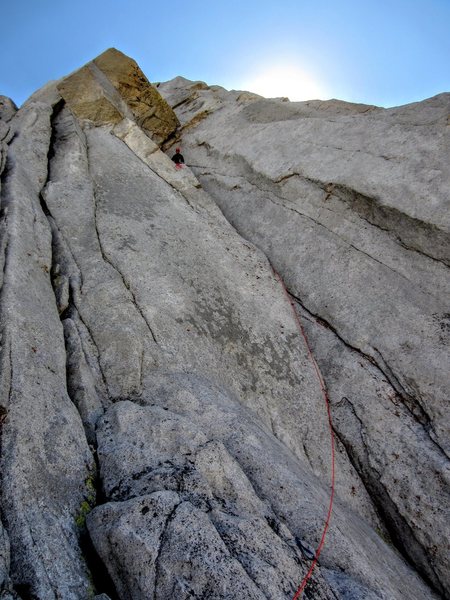 Looking up the first pitch of Escape from Poland (from the top of the Polish Route belays)