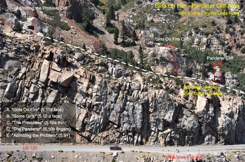 "Girls on Fire" (5.11d), the Panderer Cliff, and "Admitting the Problem" (5.9+) taken from the top of the Demonology Cliff across Lee Vining Canyon.