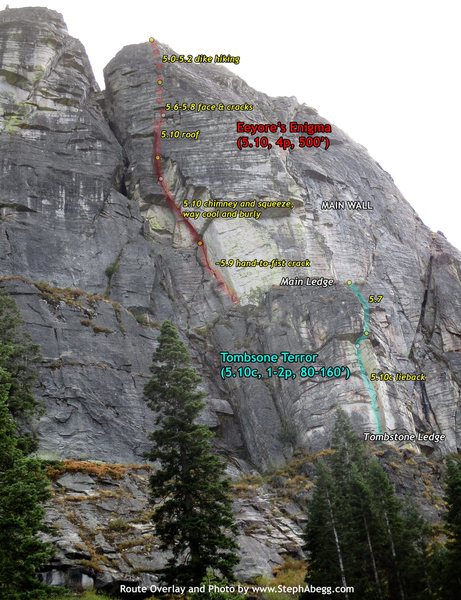 Route Overlay for Eeyore's Enigma. Pitch ratings are our opinion after climbing the route.