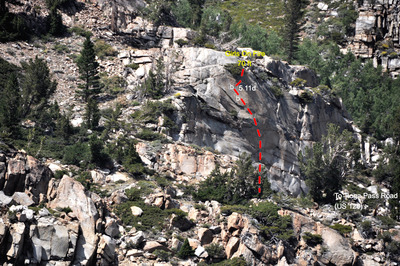 Close up of the Girls On Fire slab with the line of the route marked.