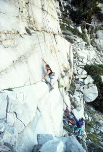 Urmas Franosch TRing "Girls On Fire" (5.11d) belayed by the first ascentionist, Dave Caunt.
