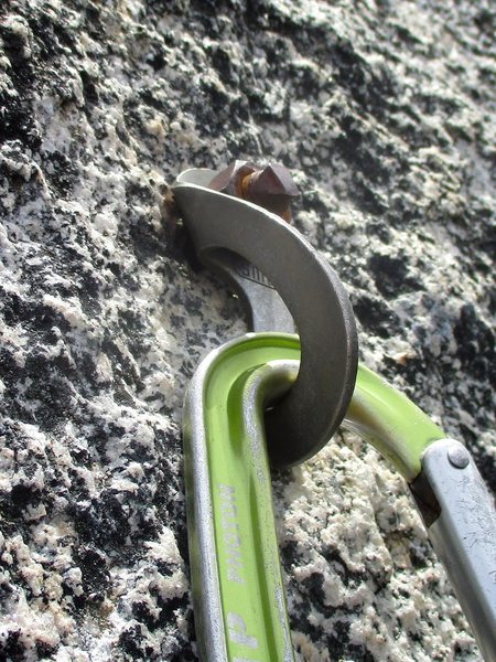 As of August 2015, one of the bolts at the belay station at the top of Pitch 1 is pulling out from the wall and both bolts are a bit rusty. They've probably been this way for awhile, but it's not the most reassuring, considering that these two bolts are all that are holding both belayer and leader onto the wall, with the leader on a 50+ ft runnout....