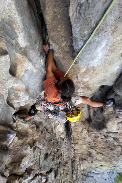 Double fisting through the offwidth roof. Photo by AJ.