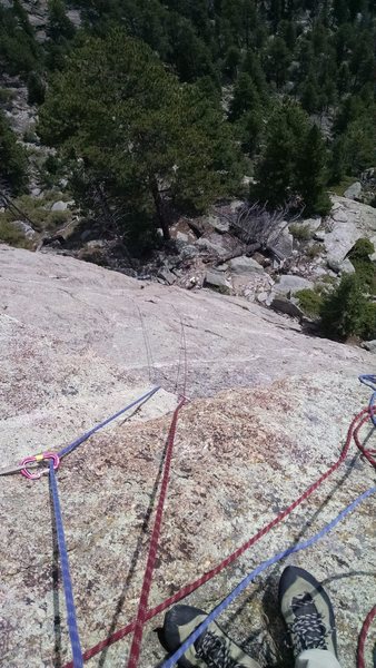 Looking down from belay just over the crux roof. 