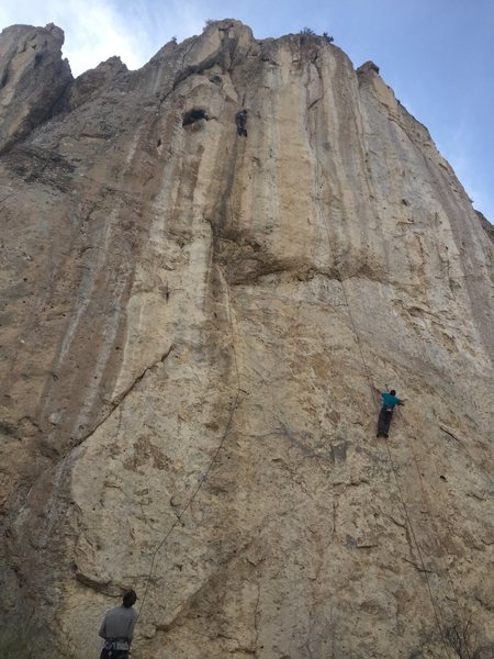 Left climber is on No Coutry For Old Men, extension to Fifty One. Climber on the right is on the extension to Yellow Cake